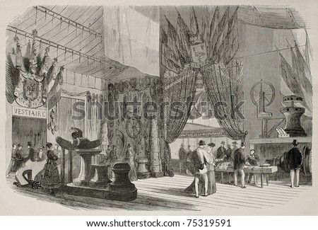 Old illustration of entrance hall of Le Havre international maritime exposition, France, 1868. Created by Blanchard and Cosson-Smeeton, published on L'Illustration, Journal Universel, Paris, 1868