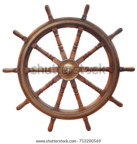 Wooden ten-spoke ship steering wheel isolated on white. Royalty-Free Stock Photo #753200569