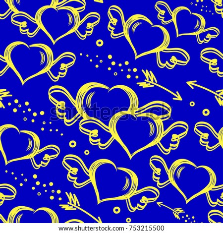 Vector seamless stylish pattern with hand drawn hearts with wings and flying arrows. Valentine's Day. For wrappers, fabrics, textiles, wallpaper, web design.