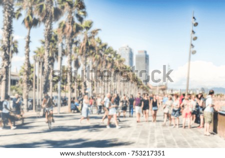 Defocused background of the Barceloneta beach, Barcelona, Catalonia, Spain. Intentionally blurred post production for bokeh effect