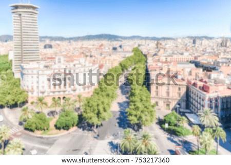 Defocused background of La Rambla pedestrian mall, Barcelona, Catalonia, Spain. Intentionally blurred post production for bokeh effect