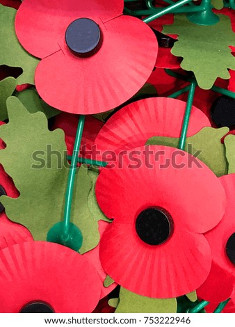 Red paper poppies with green leaves with space for text. Symbol for Remembrance Day. The poppy is a military symbol remembering those who died in war.