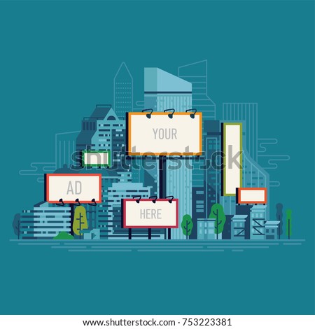 Cool flat vector illustration on city outdoors advertising agency with blank billboards of different sizes seen over the city streets and buildings Royalty-Free Stock Photo #753223381