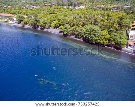 Aerial photos at the USAT Liberty Wreck  in Tulamben, Bali, Indonesia, a popular scuba diving destination.