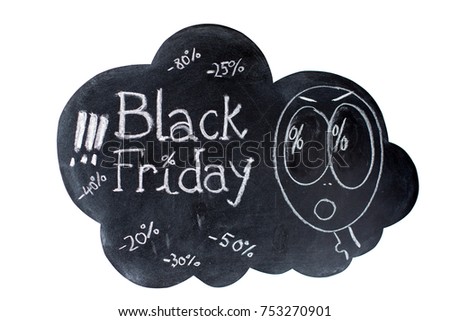 Black Friday message on a cloud shaped chalkboard, with discount signs around it and a figure looking at the sale anouncement