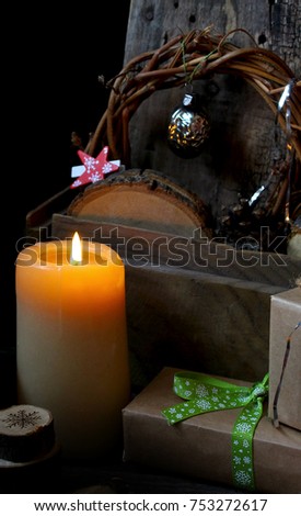 happy magic holiday christmas candle wood rustic