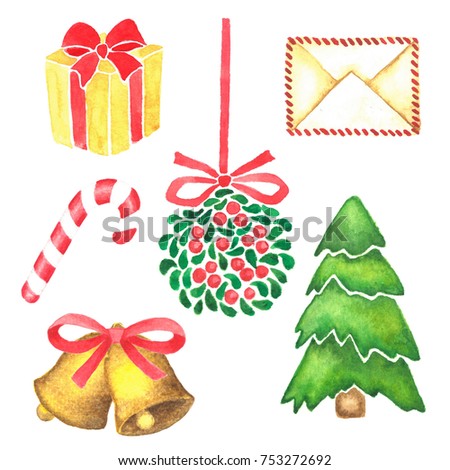 Hand painted watercolor Christmas decoration clip art. Fir tree, bells, holly, gift box, envelope, candy cane