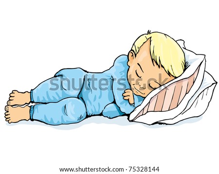 Cartoon of little boy sleeping on a pillow. Isolated on white