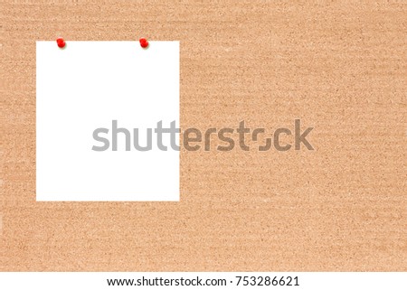 Cork board with empty abstract paper note. Blank label notes for add text message or design website. paper label for caption note. pin with white paper note