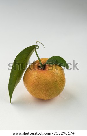 close up orange mandarin with green leave with rain drops, in left corner against white  background