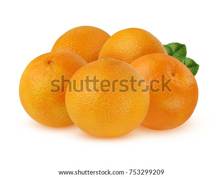 Bunch of ripe mandarins with leaves isolated on a white background. Whole fruits with shadow. Clementines.