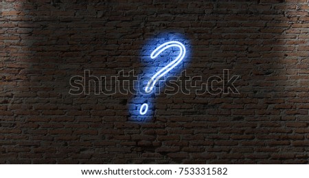 neon light question marks on a dark brick wall colorful