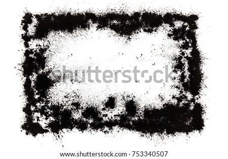 Photo frame border made from ink black powder isolated on white.