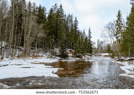 scenic wetlands with country lake or river in winter. reflections in water with forest and grassland
