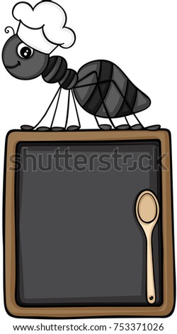 Ant chef with menu of restaurant and wooden spoon
