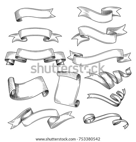 Hand drawn set of different ribbons. Design elements for greeting cards, banners, invitations. Sketch, vector illustration.