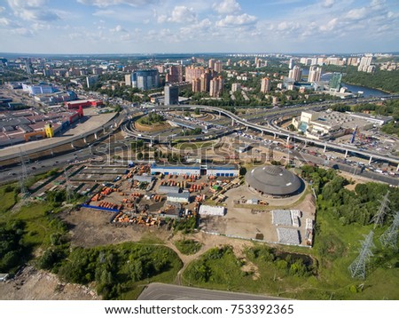 Drone aerial view on the new interchange of two highways in Moscow, Russia