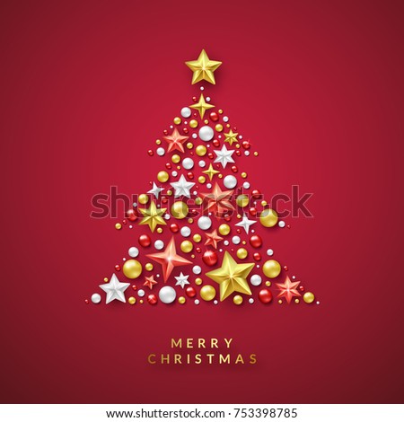 Christmas tree background with Shining stars and colorful balls. Merry Christmas card vector Illustration on red background.