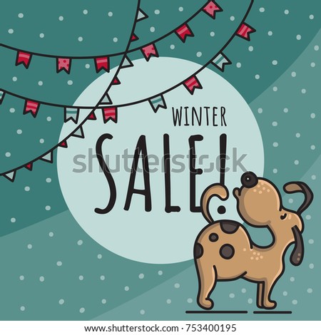 Christmas and New Year holiday square banner for winter sale. Hand drawn doodle vector illustration with cute dog, garland and snow. For winter posters, labels, social media posts and shop-windows.