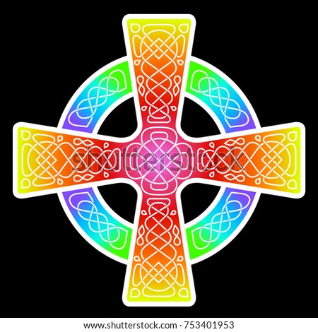 Celtic colored cross on a black background. Isolated vector image, rainbow, warm and cold colors.