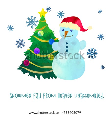 Funny snowman in santa hat with Christmas tree. Cartoon clip art illustration on isolated background. Watercolour imitation. Holiday poster or postcard design.