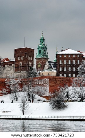 Historic royal Wawel Cathedral and castle in Cracow, Poland, on a cloudy day in winter