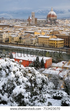 Beautiful winter cityscape of Florence with Cathedral of Santa Maria del Fiore on the background, as seen from Piazzale Michelangelo. Italy.