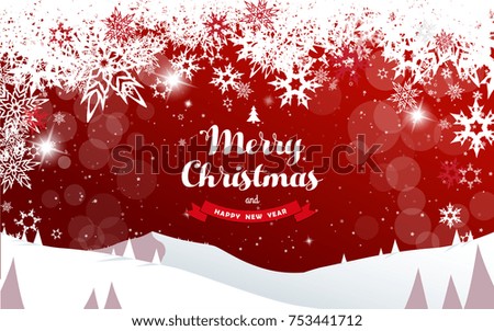 Winter mountain landscape scenery, Merry Christmas text with pine trees and stars.