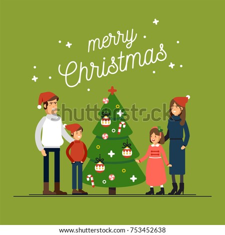 Happy family in Christmas hats have hugging. Parents with children standing together holding each other. Winter celebration