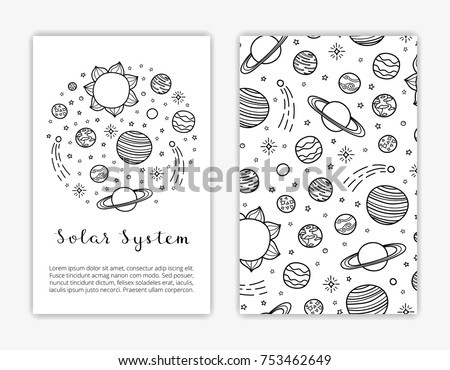 Card templates with hand drawn outline planets and stars of the Solar System. Used clipping mask.
