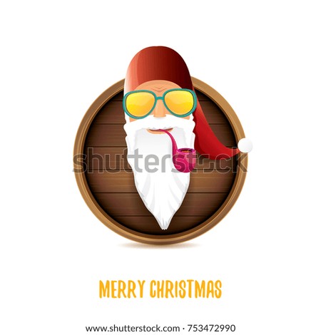 vector bad rock n roll dj santa claus with smoking pipe, funky beard and greeting calligraphic text on old vintage circle wooden board sign. Christmas party hipster poster background design template.