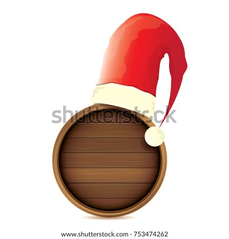 vector red Santa hat with circle wooden board sign isolated on white background. vector merry christmas card, banner design template or xmas background.
