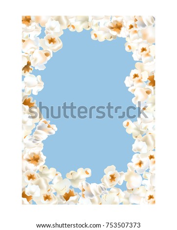 Frame made of popcorn over the light blue background. Vector illustration with clipping mask