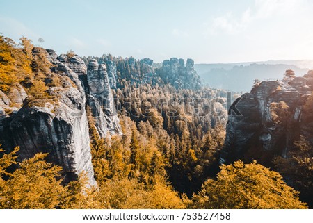 Scenic image of Elbe Sandstone Mountains. Location Saxony Switzerland national park, East Germany, Europe. Popular tourist attraction. Hiking concept. Adventure vacation. Discover the beauty of earth