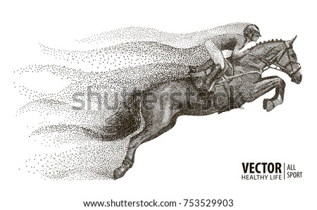 Jockey on horse. Champion. Horse riding. Equestrian sport. Jockey riding jumping horse. Poster. Sport background. Particle divergent composition. Vector Illustration.