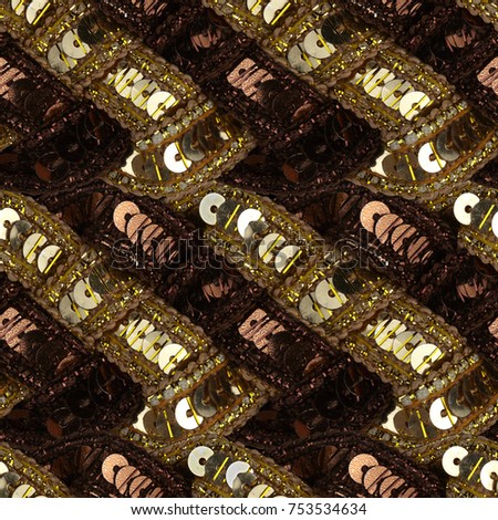 Sequins close-up macro. Abstract background with gold sequins color on the fabric.High-resolution texture