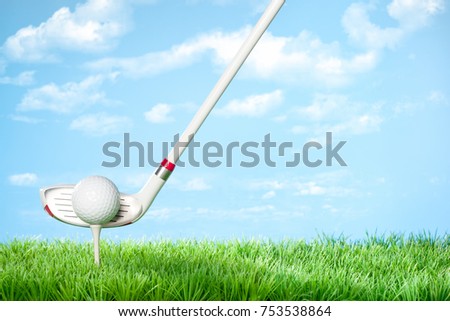 Driver about to hit the Ball: Series of golfing equipment concept pictures.
Shot in studio on grass with blue background