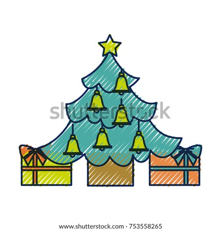 merry christmas happy tree star bells gift decoration vector illustration