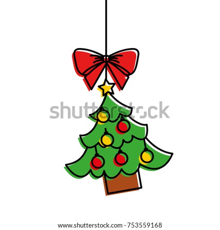 merry christmas tree hanging bow ball and star vector illustration