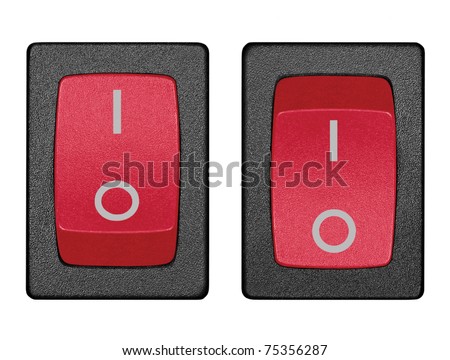 Red power switches in on off position, black frame mains supply symbol isolated button macro closeup