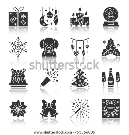 New Year, Christmas, Dog black silhouette with reflection icon set. Sparkler, tree, garland monochrome flat symbol collection Simple graphic pictogram pack. Web, print, card design Vector illustration