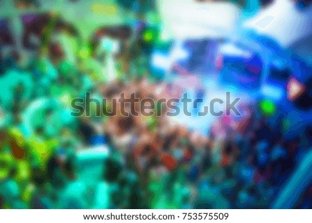 Blurred for background. Night club dj party people enjoy of music dancing sound with colorful light with Smoke Machine and lights show. Hands up in earth.