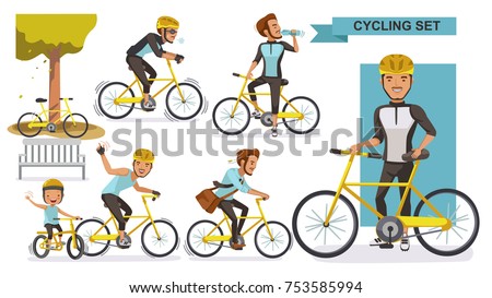 Cycling man set. male road cyclist. city bike Relax in the park, exercise, Go to work. Biker culture concept. cartoon vector 