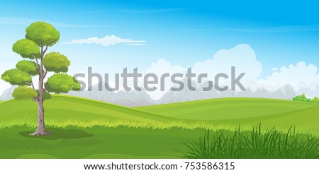 Beautiful green hills vector illustration with big tree and mountains row on the horizon. Summer landscape of countryside rolling hills.