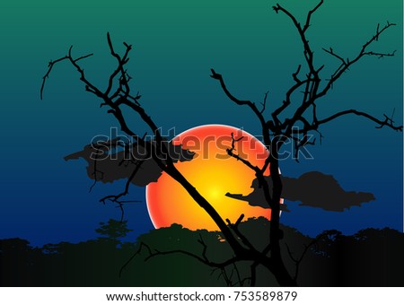 Vector realistic illustration of autumn without leaves , plant and  cloudy leaves under a dramatic dark blue sky with moon or sun.