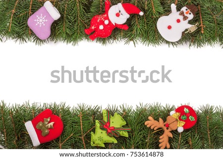 Christmas frame made of fir branches decorated with snowflakes Snowman and Santa Claus isolated on white background.