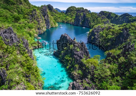 El Nido, Palawan, Philippines, aerial view of beautiful lagoon and limestone cliffs. Royalty-Free Stock Photo #753626092