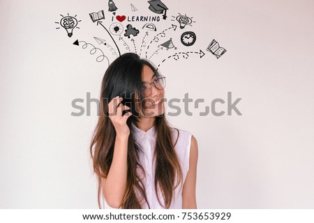 Young asian student woman with learning doodles - I love learning concept