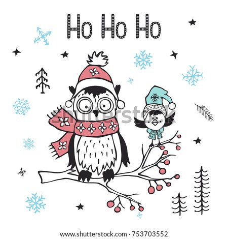 winter xmas christmas happy new year greeting card with cute funny  arctic owl and bird sitting on a tree branch 