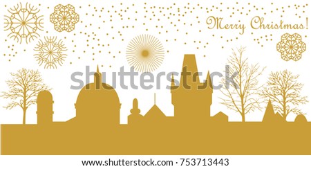 January panorama of the old historical town. Christmas illustration with buildings and trees. Template for cards, invitations, tickets and covers. Golden and white.
